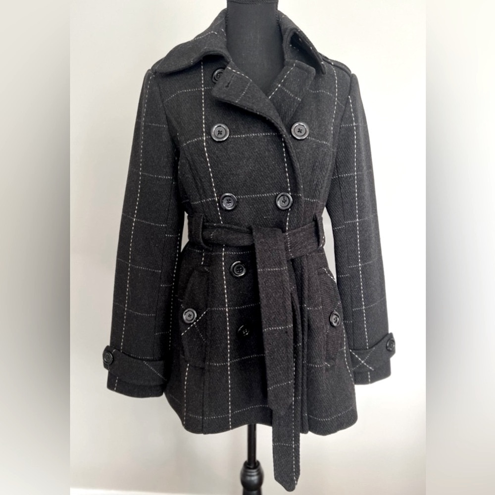 Windowpane Double-Breasted Black Peacoat with Belt